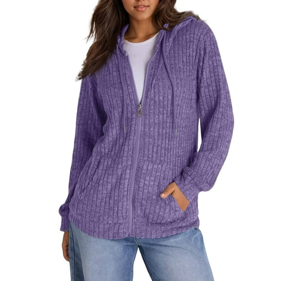 Kixjoy Purple Zip Up Hoodie Women Long Sleeve Casual Oversized Hoodie Winter Lightweight Hooded Sweatshirt Fashion Basic Loose Fit Pullover Sweaters for Women with Pockets, Purple XL