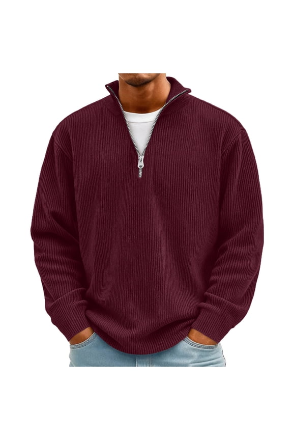 Quarter Zip Pullover Men Corduroy Big and Tall Long Sleeve Sweatshirts Stand Collar Lounge Vintage Shirts Soild Fashion Cozy Golf Shirts, Wine S