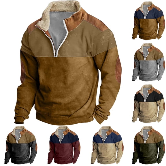 Kixjoy Quarter Zip Pullover Men Thermal Fleece Lined Stand Collar Sweatshirts Long Sleeve Big and Tall Vintage Pullover Fall Casual Relaxed Fit Sweatshirts for Men, Earthy Yellow XL
