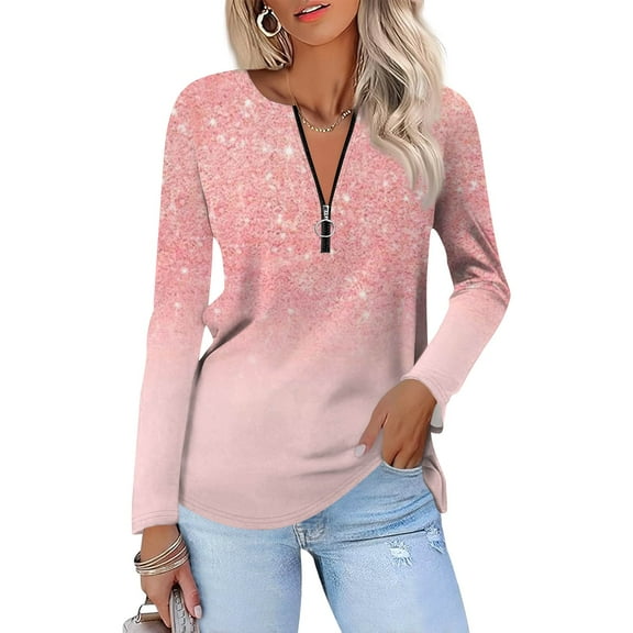 Kixjoy Quarter Zip Pullover Women V Neck Long Sleeve Tunic Top Sequin Casual Fall Shirts Fashion Regular Lightweight Womens Blouses, Light pink XL