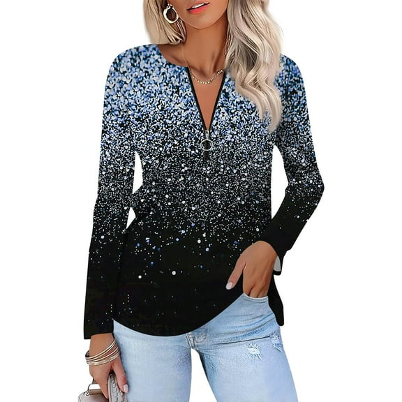 Kixjoy Quarter Zip Pullover Women V Neck Long Sleeve Tunic Top Sequin Fashion Fall Shirts Casual Regular Lightweight Womens Blouses, Blue S