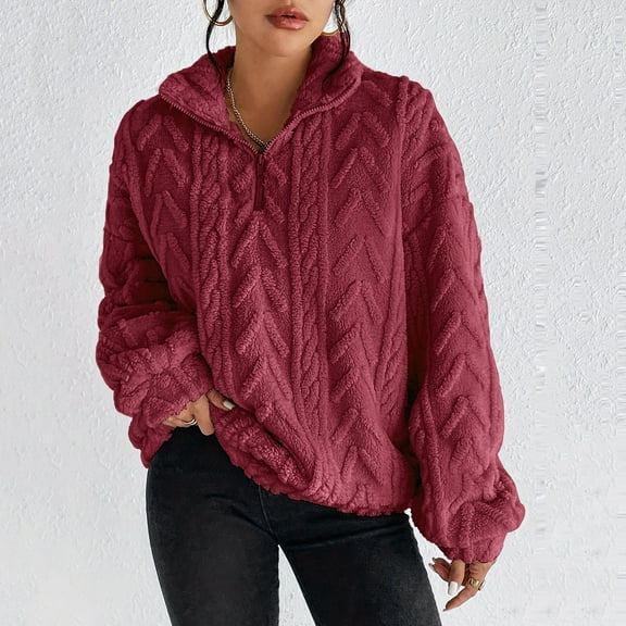 Kixjoy Quarter Zip Sweater Women Long Sleeve Lightweight Cable Knit Sweaters Quarter Zip Warm Casual Fall Top Soild Soft Loose Fit Womens Pullover Trendy, Wine S