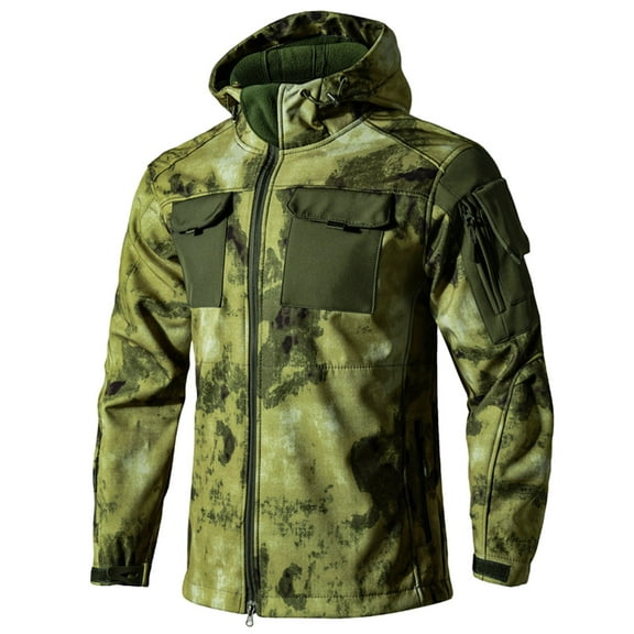 Kixjoy Rain Jacket Men Long Sleeve Waterproof Hooded Jacket Big and Tall Full Zip Fall Coat Hiking Camo Thermal Mens Windbreaker with Pockets, Green 3XL