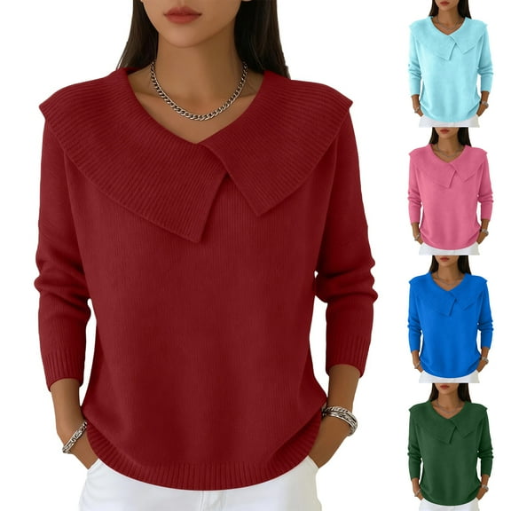 Kixjoy Red Cozy Sweaters for Women Casual Knit Sweaters for Women Fashion Collared Fall Clothes Long Sleeve Soild Loose Fit Tops, Wine M