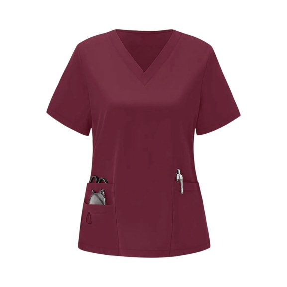 Kixjoy Red Scrubs for Women Plus Size Medical Soild Scrubs V Neck Stretchy Short Sleeve Top Lightweight Basic Casual Womens Blouses with Pockets, Wine S