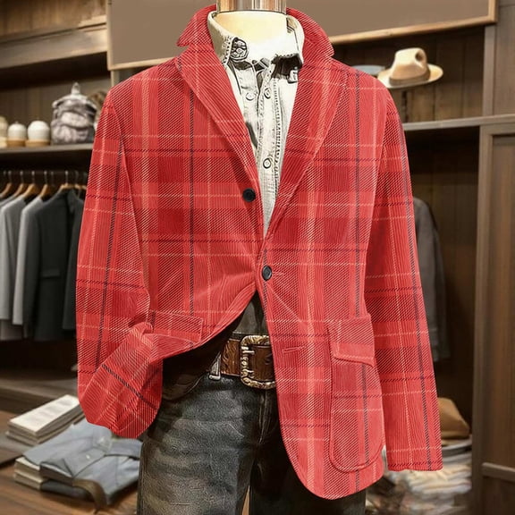 Kixjoy Red Suit Jacket for Men Big and Tall One Button Casual Blazer Long Sleeve Slim Fit Winter Coats Fashion Plaid Lightweight Mens Jacket with Pockets, Watermelon Red 3XL