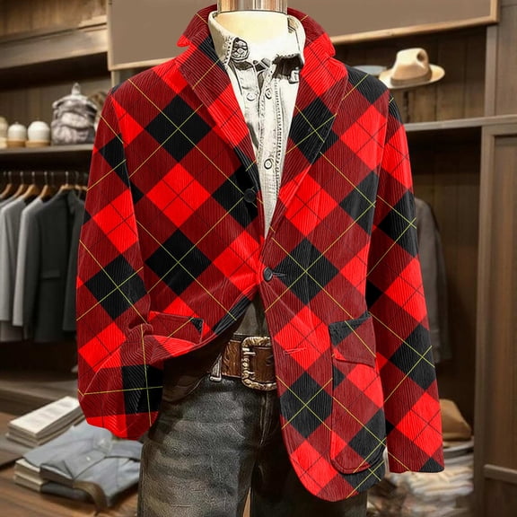 Kixjoy Red Suit Jacket for Men Big and Tall One Button Fashion Blazer Long Sleeve Slim Fit Fall Coats Casual Plaid Lightweight Mens Jacket with Pockets, Red 3XL