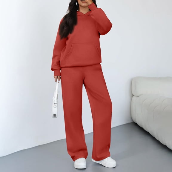 Kixjoy Red Sweat Suits for Womens 2 Piece Oversized Casual Long Sleeve Sweatsuit Athletic Warm Wide Leg Pant 2 Piece Plain Winter Loungewear Sets Woman with pockets, Vermilion S