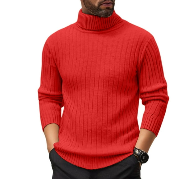 Kixjoy Red Turtleneck Sweater Men Oversized Thermal Knit Sweaters Fashion Winter Long Sleeve Sweater Casual Soild Slim Fit Mens Pullover Sweater, Red M