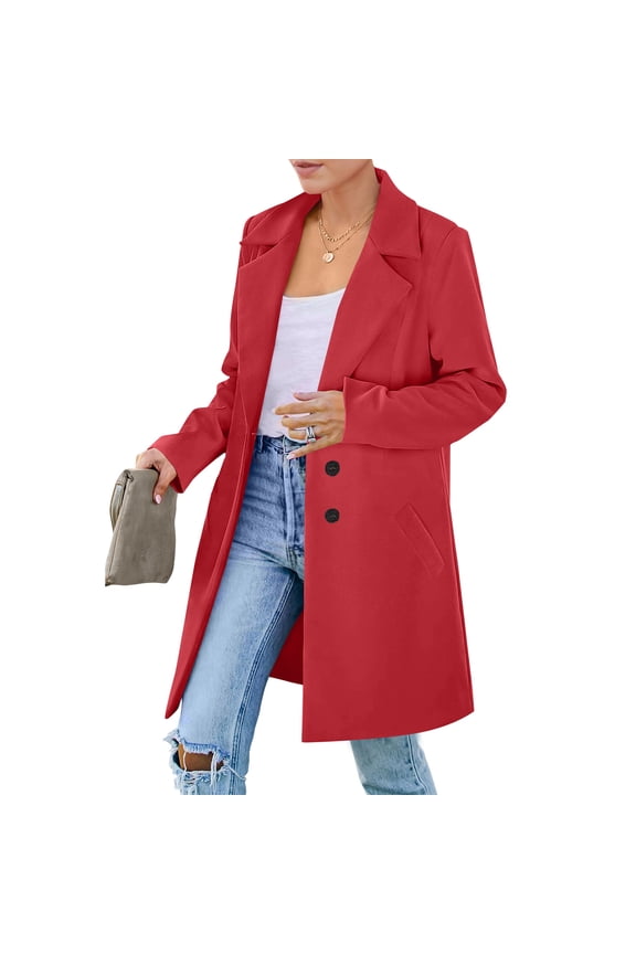 Red Women's Coats, Jackets & Vests Button Down Oversized Wool Jacket Notched Collar Long Sleeve Fall Coats Soild Warm Casual Womens Jacket with Pockets, Red 2XL