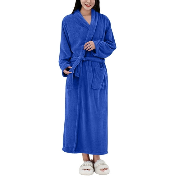 Kixjoy Robes for Women Plush Oversized Winter Bathrobes Soft Lightweight Soild House Coat Long Sleeve Casual Thermal Housecoats for Women with Pockets, Royal Blue