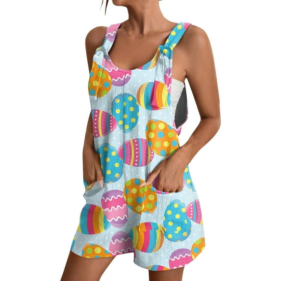 Kixjoy Rompers for Women Casual Easter Graphic Wide Leg Shorts Romper Sleeveless Soft Pleated Jumpsuits Loose Fit Trendy Beach Women's Rompers with Pockets, Yellow S