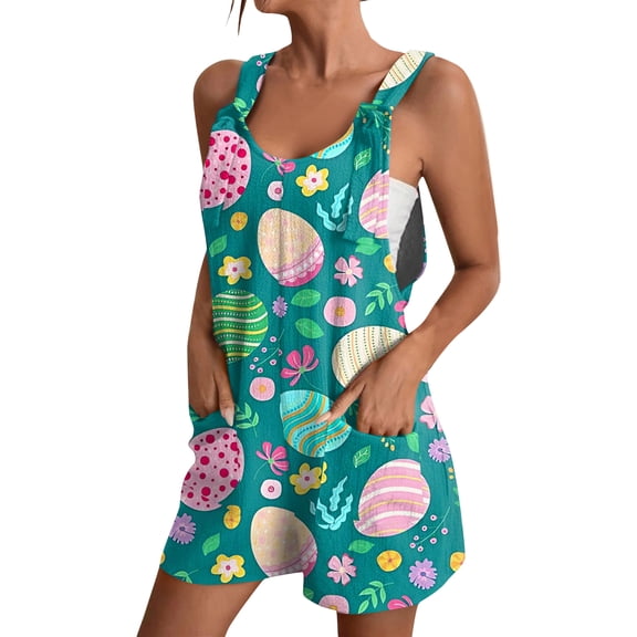 Kixjoy Rompers for Women Wide Leg Casual Cozy Rompers Sleeveless Easter Graphic Pleated Shorts Romper Trendy Baggy Summer Womens Overalls with Pockets, Pink XL