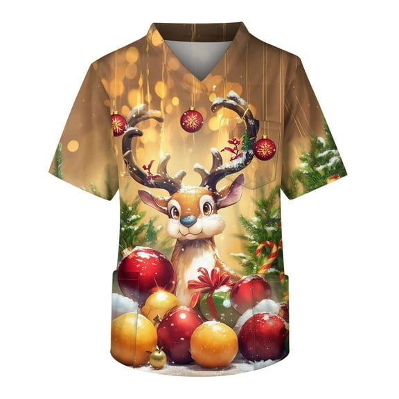 Kixjoy Scrubs Tops for Men Oversized Casual Christmas Printed Scrubs V Neck Stretch Short Sleeve Top Lightweight Basic Medical Mens Blouses with Pockets, Light Brown L