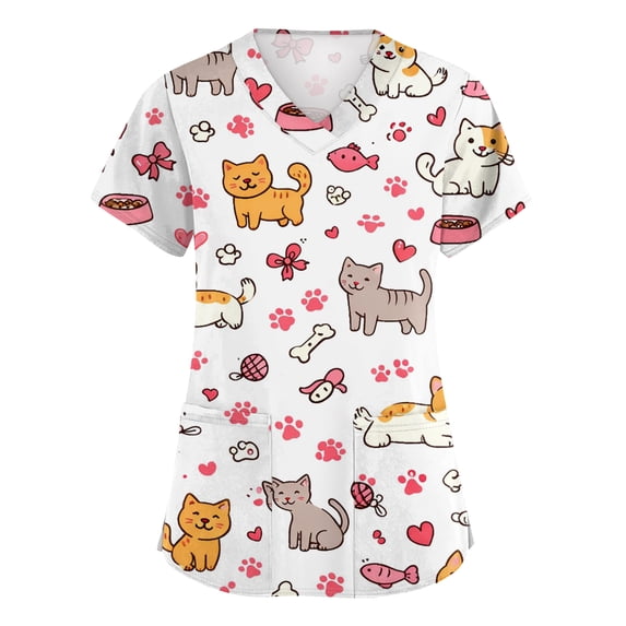 Kixjoy Scrubs for Women Oversized Short Sleeve V Neck Scrubs Animal Printed Stretch Casual Shirt Medical Lightweight Womens Uniform Tops with Pockets, White 3XL