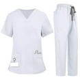 thumbnail image 1 of Kixjoy Scrubs for Women Set V Neck Short Sleeve Soft Medical Scrubs Stretch Loose Workwear Drawstring Medical Uniform Lightweight Basic Scrub Sets for Women with Pockets, White S, 1 of 3