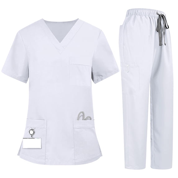 Kixjoy Scrubs for Women Set V Neck Short Sleeve Soft Medical Scrubs Stretch Loose Workwear Drawstring Medical Uniform Lightweight Basic Scrub Sets for Women with Pockets, White S