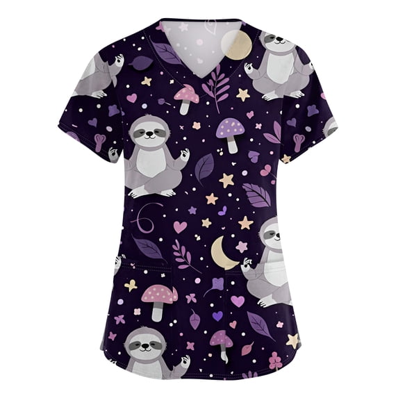 Kixjoy Scrubs for Women Tops Oversized Short Sleeve V Neck Nurse Scrubs Animal Printed Stretchy Medical Shirt Casual Lightweight Womens Uniform Tops with Pockets, Purple M