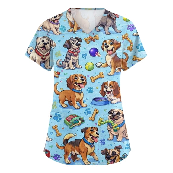 Kixjoy Scrubs for Women Tops Oversized Short Sleeve V Neck Nurse Scrubs Animal Printed Stretchy Medical Shirts Casual Lightweight Womens Blouses with Pockets, Sky Blue 2XL