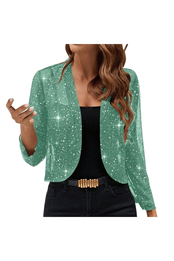 Sequin Jackets for Women 3/4 Length Sleeve Cropped Sequin Top Party Casual Fashion Blazer Soild Lightweight Soft Outfits for Women, Light Green XL