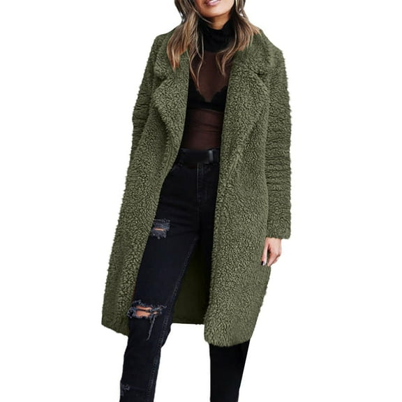 Kixjoy Shearling Coats for Women Plus Size Plush Open Front Coat Long Sleeve Plain Lapel Jacket Fashion Warm Winter Outfits for Women, Army Green XL
