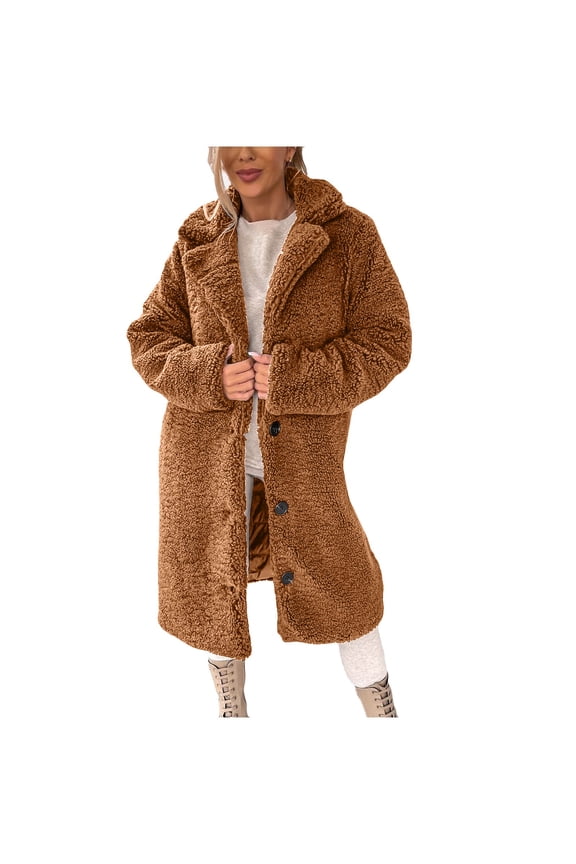 Shearling Coats for Women Plus Size Plush Open Front Coats Long Sleeve Basic Lapel Jacket Casual Warm Winter Cardigan for Women, Camel M