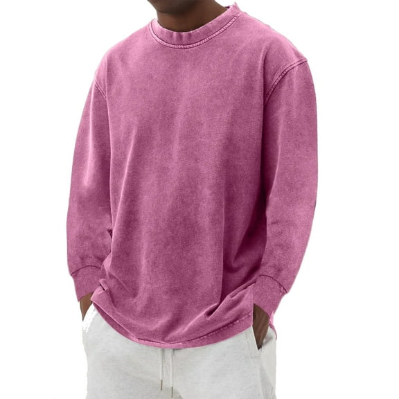 Kixjoy Sherpa Sweatshirt Men Big and Tall Vintage Wash Long Sleeve Sweatshirt Basic Winter Crewneck Sweatshirts Casual Warm Mens Sweatshirt Pink S