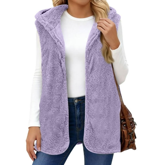 Kixjoy Sherpa Vest Womens Sleeveless Casual Oversized Jacket Fluffy Warm Hooded Vest Lightweight Soft Fall Womens Cardigan, Purple S