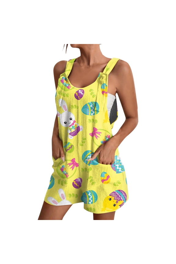 Short Rompers for Women Lounge Easter Print Sleeveless Rompers Baggy Pleated Wide Leg Overall Soft Fashion Summer Women's Rompers with Pockets, Mint Green XXL