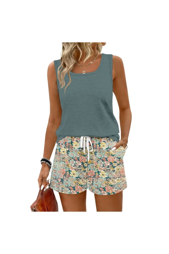Short Sets for Women Sleeveless Plus Size Square Neck Tank Top and Beach Shorts Set Casual Trendy Summer Tracksuit Women, Turquoise 3XL