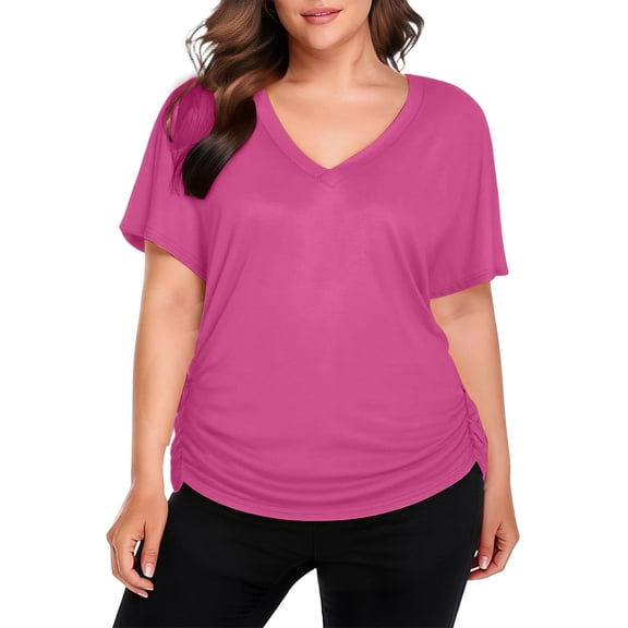 Kixjoy Short Sleeve Shirts for Women Plus Size Fashion V Neck Shirt Loose Fit Business Basic Top Casual Wear with Leggings Summer Blouses for Women, Hot Pink L