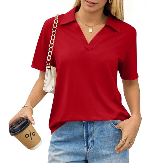 Kixjoy Short Sleeve Shirts for Women Casual V Neck Polo Shirts Trendy Work Soft Collared Shirts Lightweight Basic Summer Womens Tops, Red L