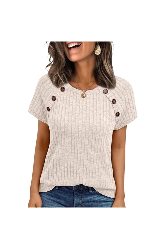 Short Sleeve Sweater for Women Short Sleeve Crewneck Ribbed Sweaters Business Casual Trendy Shirt Soild Spring Lightweight Womens Clothes, Beige L