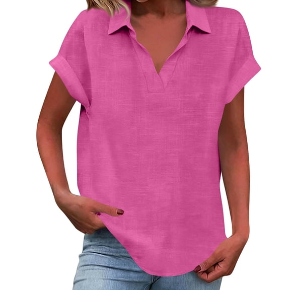Kixjoy Short Sleeve Tops for Women V Neck Lounge Henley Top Fashion Plus Size Collared Shirt Cozy Soild Vacation Women's Clothing, Hot Pink XL