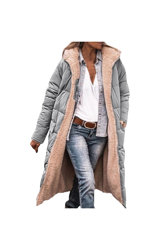 Silver Womens Fleece Jacket Long Length Sleeve Thick Plus Size Puffer Jacket Fall Trendy Full Zip Fleece Coats Heavyweight Hooded Cardigan with Pockets, Silver XL