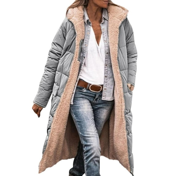 Kixjoy Silver Womens Fleece Jacket Long Sleeve Thick Winter Puffer Jackets Shearling Zip Up Oversized Coat Trendy Heavyweight Hooded Jackets with Pockets, Silver L