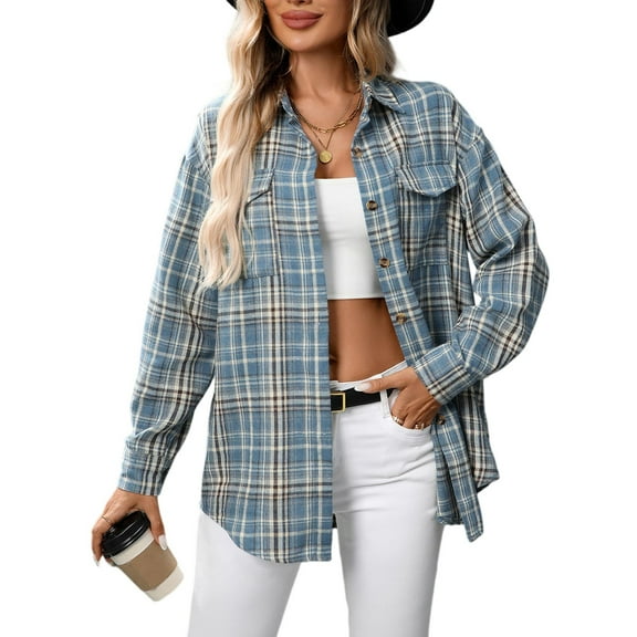 Kixjoy Sky Blue Plaid Shirts for Women Long Sleeve Button Down Flannel Shirts Oversized Casual Fall Tops Fashion Lightweight Womens Tops with Pockets, Sky Blue XL