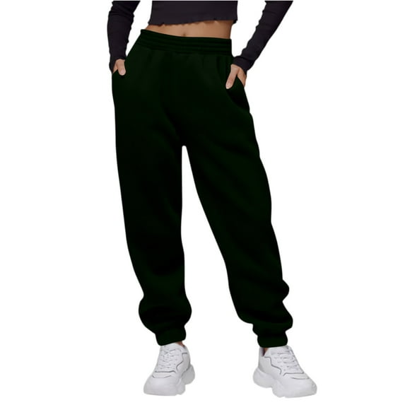 Kixjoy Straight Leg Sweatpants for Women Casual Drawstring Low Rise Sweatpants Thermal Fall Elastic Waisted Pants Trendy Workout Lightweight Sweat Pants for Womens with Pockets, Dark Green L