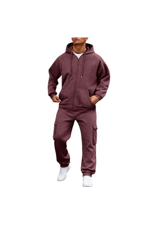 Sweat Suits Men Big and Tall Zip up Sweatshirt and Sweatpants Set Warm Winter Sweatsuit Long Sleeve Fashion Basic Men's Tracksuits with Pockets, Wine XL