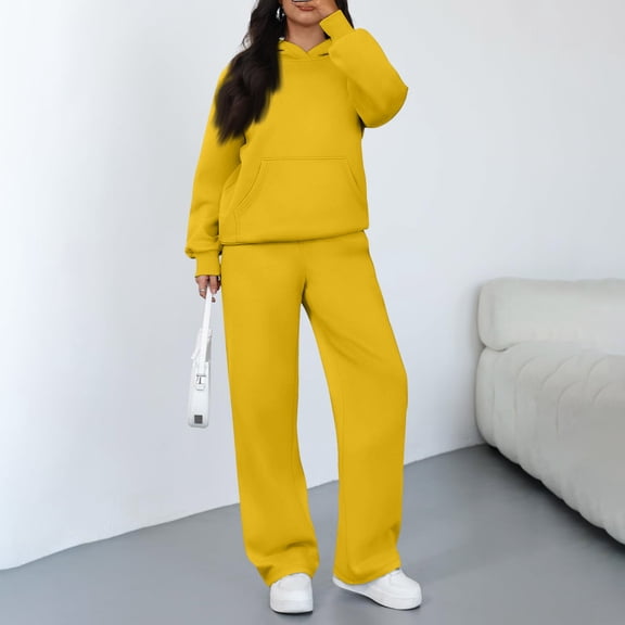 Kixjoy Sweat Suits for Womens 2 Piece Plus Size Fashion Long Sleeve Sweatsuits Workout Warm Hoodies and Pants Sets Plain Fall Womens Clothing with pockets, Yellow S