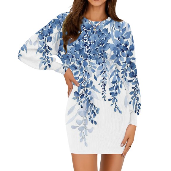 Kixjoy Sweater Dress for Women Long Sleeve Ribbed Floral Print Dress Winter Thermal Crew Neck Sweater Dresses Casual Silm Fit Fall Outfits for Women, Blue L