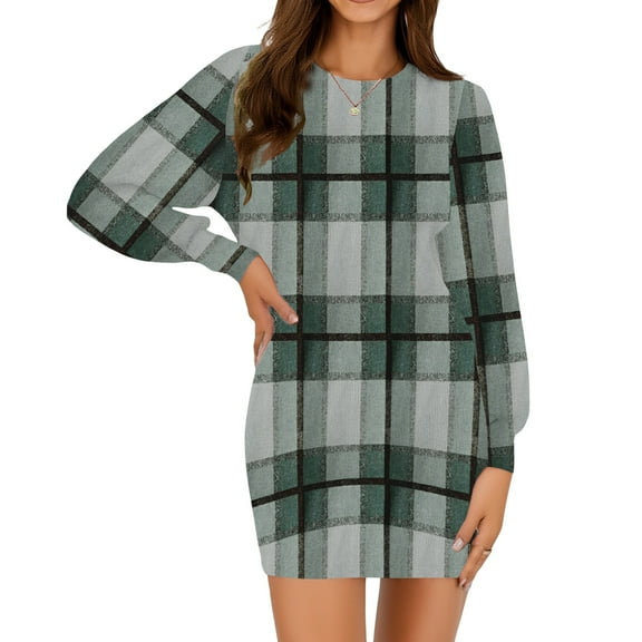 Kixjoy Sweater Dress for Women Long Sleeve Ribbed Plaid Dresses Winter Warm Crew Neck Sweater Dresses Casual Silm Fit Fall Outfits for Women, Dark Green S