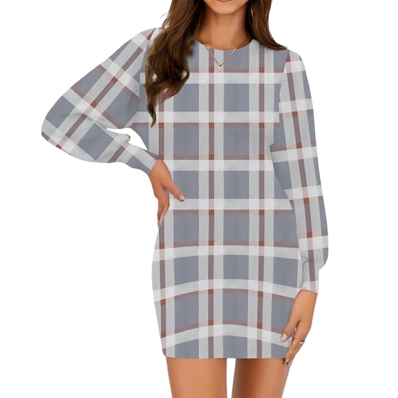 Kixjoy Sweater Dresses for Women Long Sleeve Ribbed Plaid Dress Winter Thermal Crew Neck Sweater Dress Casual Silm Fit Women Fall Clothes, Light Gray XXL
