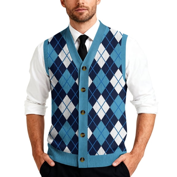 Kixjoy Sweater Vest Men Business Knit Sleeveless Pullover Tops Formal V Neck Plaid Ribbed Sweater Loose Fit Golf Fall Winter Vest Top, Blue S