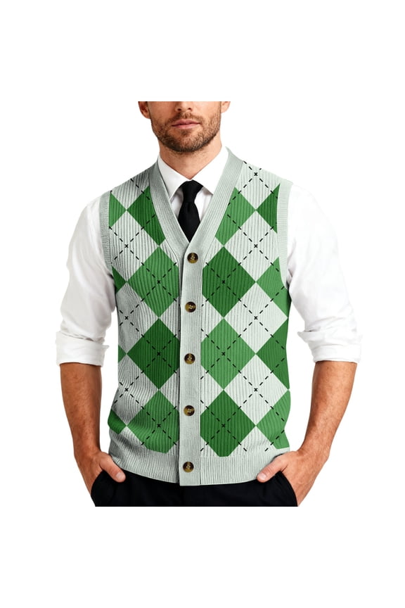 Sweater Vest Men Casual Knitted Plaid Ribbed Pullover Tops Warm V Neck Sleeveless Sweater Big and Tall Cable Fall Winter Vest, Green L