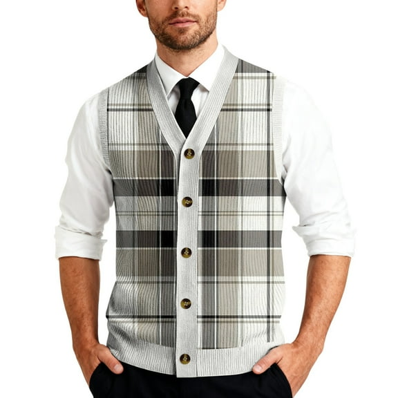 Kixjoy Sweater Vest for Men Formal Knit Sleeveless Pullover Tops Warm Plaid Ribbed V Neck Sweaters Regular Fit Cable Stretch Vest Top, Light Gray S