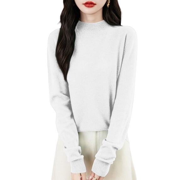 Kixjoy Sweater for Women Long Sleeve Mock Turtleneck Knit Sweaters Cotton Casual Lightweight Winter Top Soild Soft Loose Fit Blouses for Women, White L