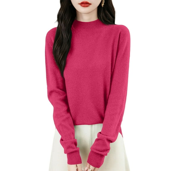 Kixjoy Sweater for Women Mock Turtleneck Long Sleeve Knit Sweater Basic Lightweight Fleece Fall Top Casual Soft Loose Fit Fall Outfits for Women 2025, Hot Pink L