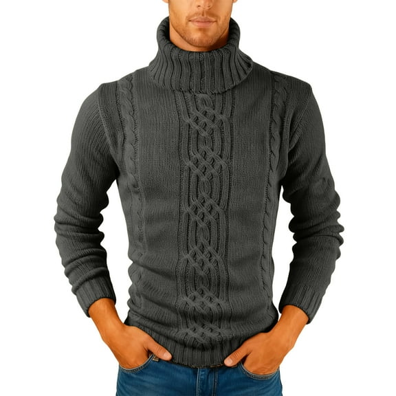 Kixjoy Sweaters for Men Big and Tall Turtle Neck Cable Knit Sweaters Long Sleeve Fashion Slim Fit Fall Sweater Basic Casual Warm Mens UnderShirts, Dark Gray M