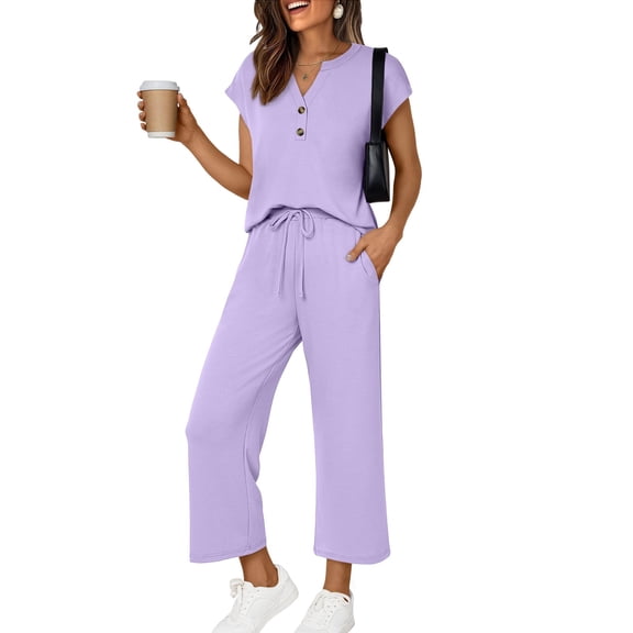 Kixjoy Sweatsuits Women 2 Piece Outfit Oversized V Neck Tops and Pants 2 Piece Short Sleeve Athletic Casual Sweatsuits Plain Travel Summer Womens Clothing, Light Purple XXL